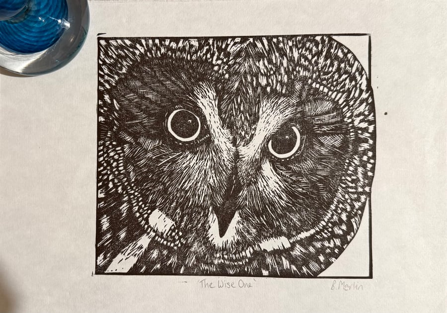 Perfectly Imperfect The Wise One - Owl linoprint -hand burnished wall art