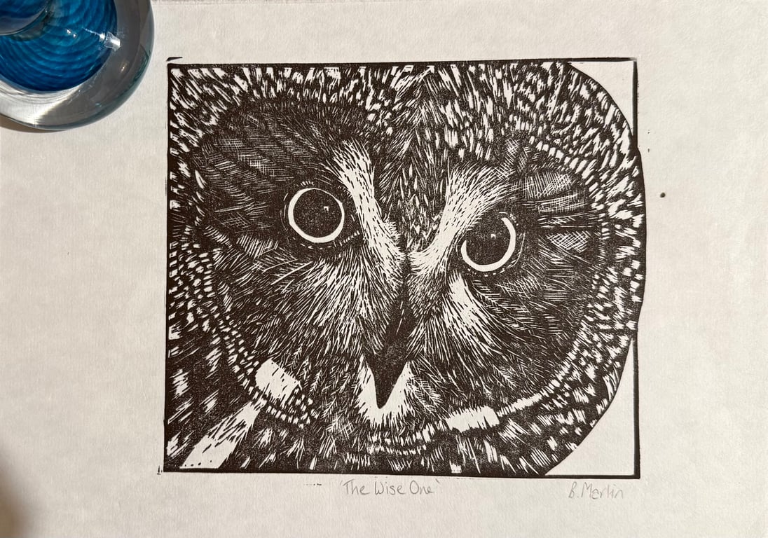 Perfectly Imperfect The Wise One - Owl linoprint -hand burnished wall art