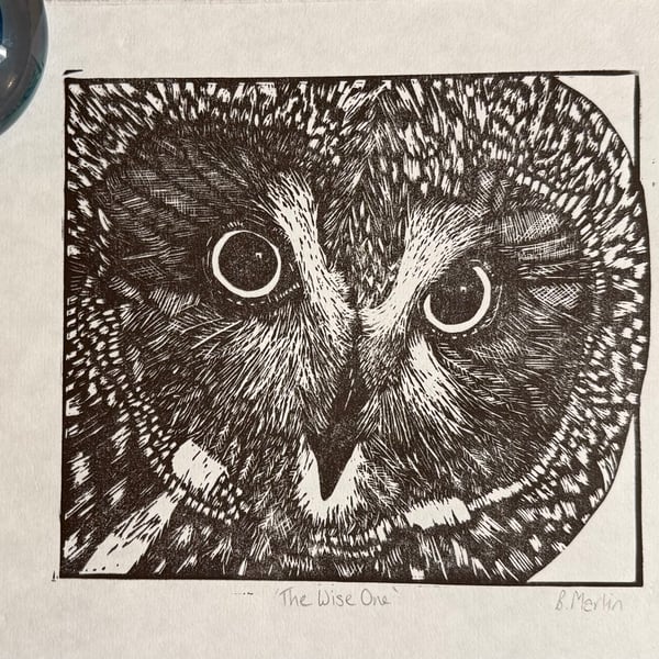 Perfectly Imperfect The Wise One - Owl linoprint -hand burnished wall art