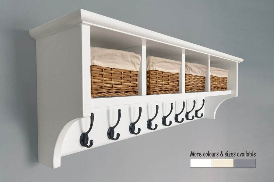 Coat rack with shelf and wicker baskets 4, 6, 8, 10, or 12 hooks