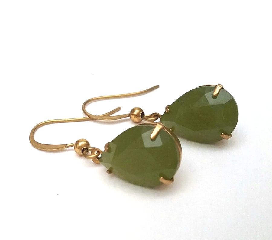 Olive Green Vintage Glass Earrings 