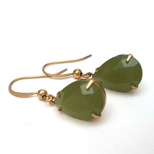 Olive Green Vintage Glass Earrings 