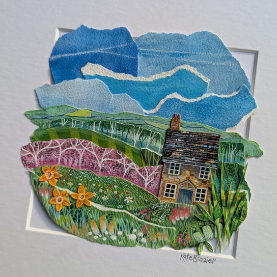 Blossom Cottage - Original paper collage. Mounted