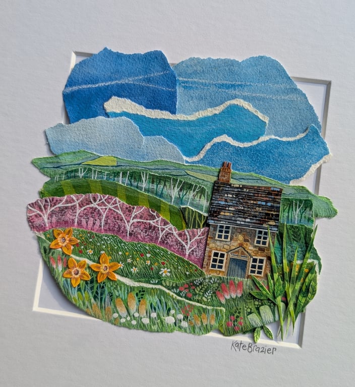 Blossom Cottage - Original paper collage. Mounted