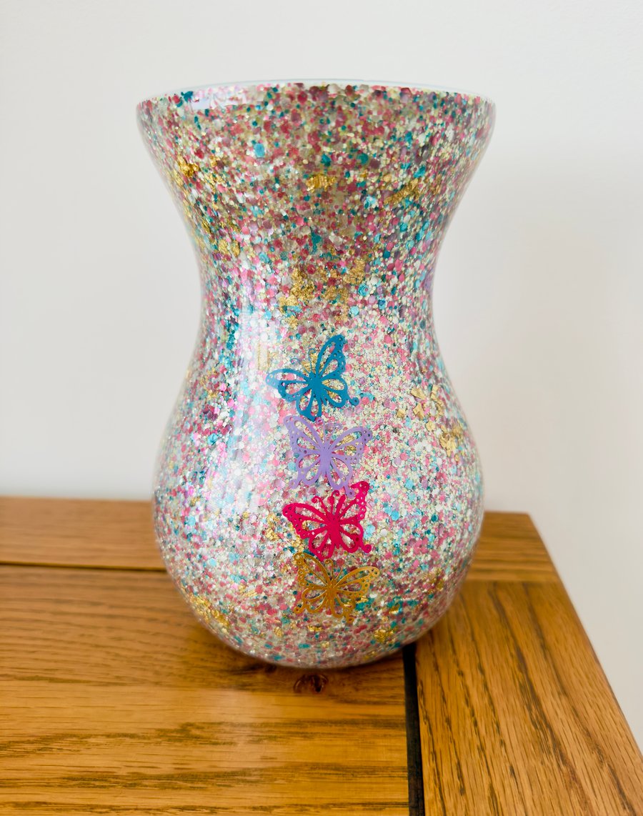 Abstract Resin-Glass Vase with Glitter and Butterflies 