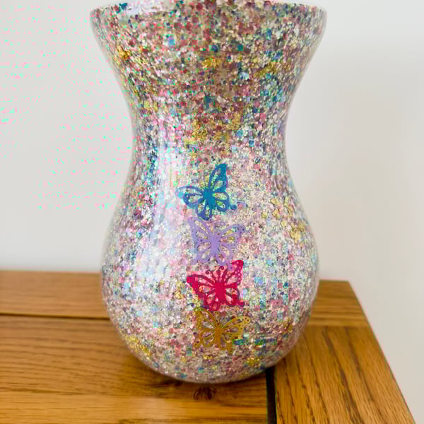 Abstract Resin-Glass Vase with Glitter and Butterflies 