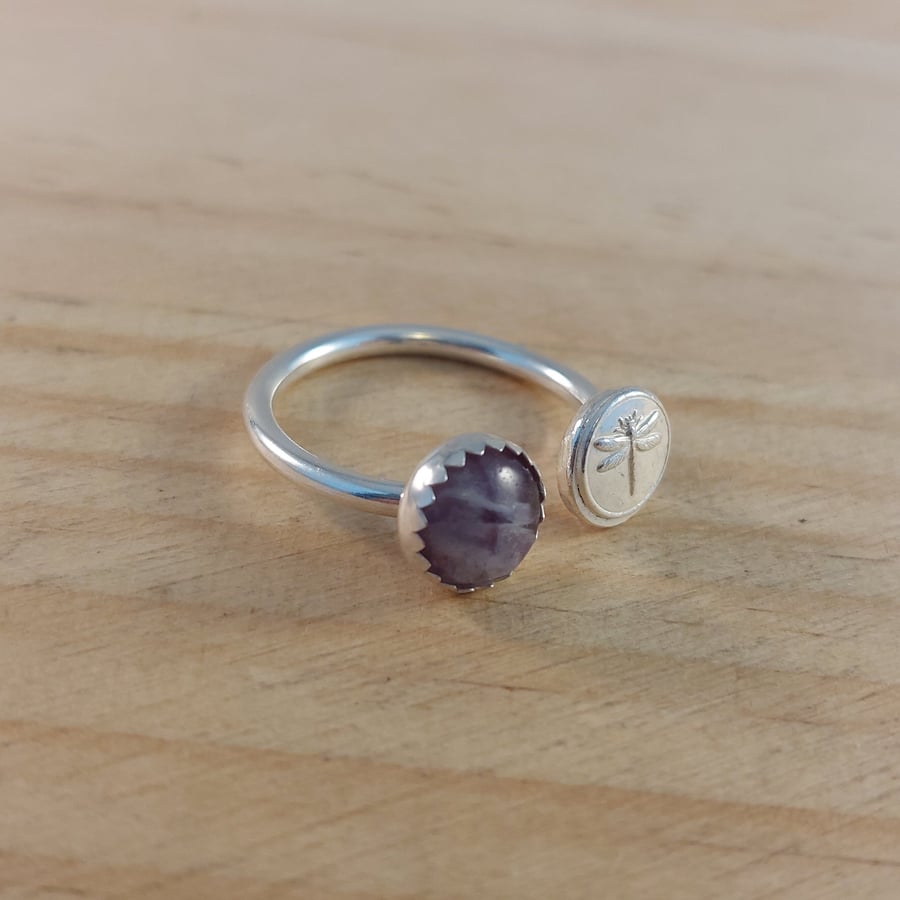 Sterling Silver Dragonfly and Fluorite Adjustable Ring (SKU060625)