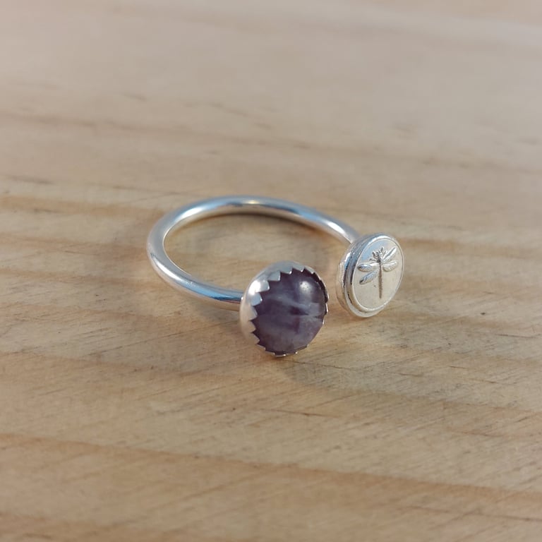 Sterling Silver Dragonfly and Fluorite Adjustable Ring (SKU060625)