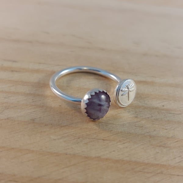 Sterling Silver Dragonfly and Fluorite Adjustable Ring (SKU060625)