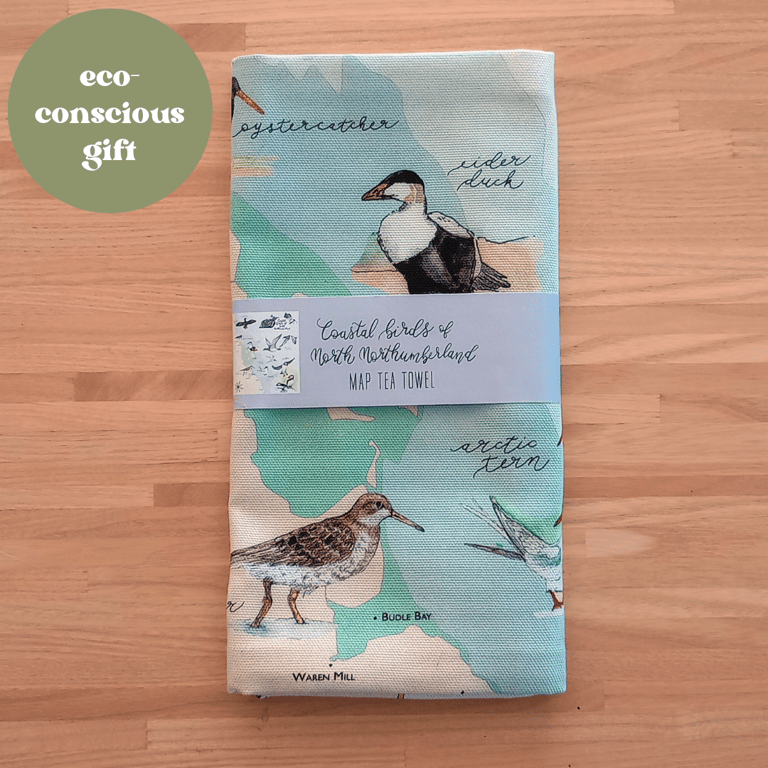 Coastal Birds of Northumberland Illustrated Map Tea Towel - Organic Cotton