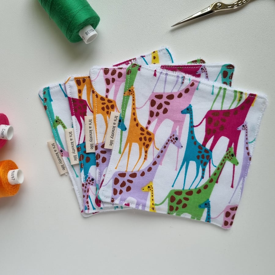 Reusable face wipes handmade, 100% cotton fabric, bamboo towelling, giraffe