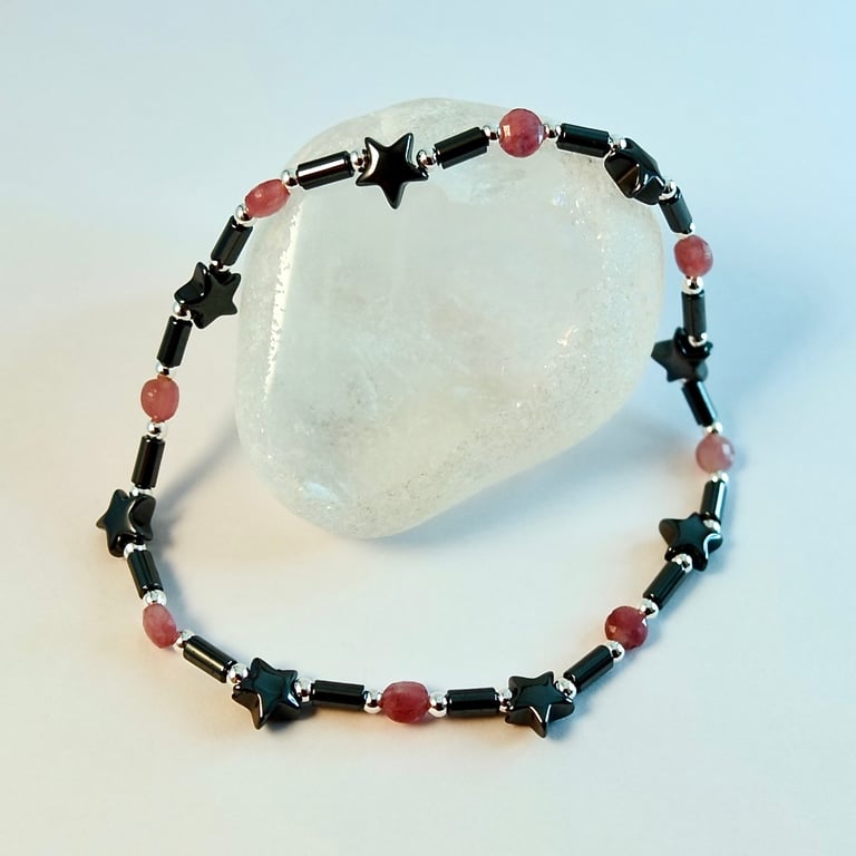 Tourmaline & Hematite Star Bracelet, Anniversary, October Birthday, Libra Gift