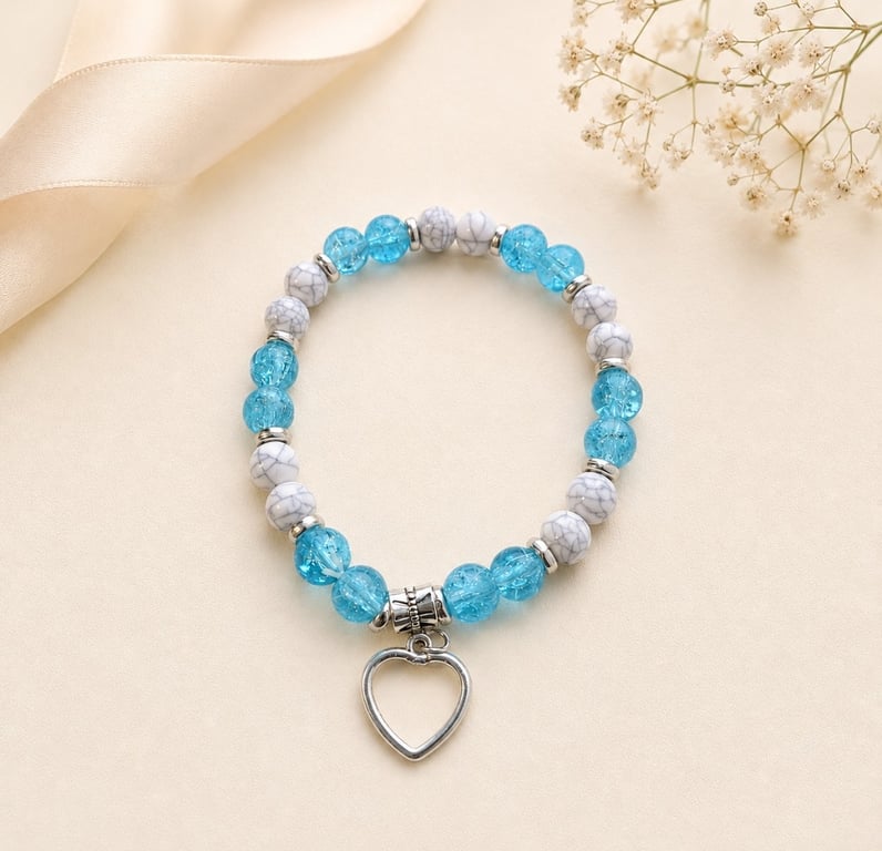Turquoise & White Beaded Bracelet with Silver-Tone Heart Charm