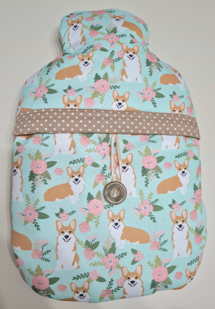 Hot water bottle cover in Corgi dog fabric 