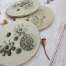 Hand-built stoneware pottery coaster set (x3) in matt pale grey-green 