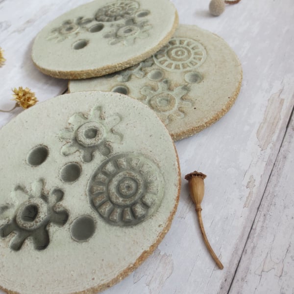 Hand-built stoneware pottery coaster set (x3) in matt pale grey-green 