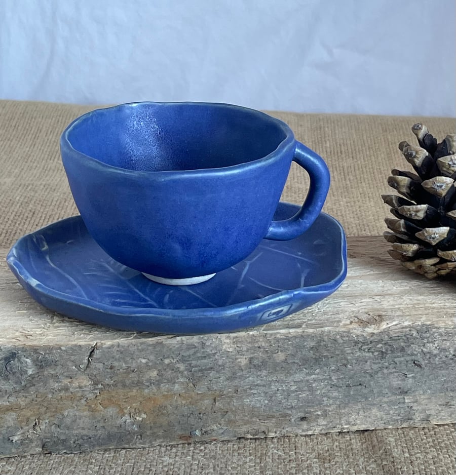 Hand made ceramic tea cup & saucer, blue tea cup, pottery teacup