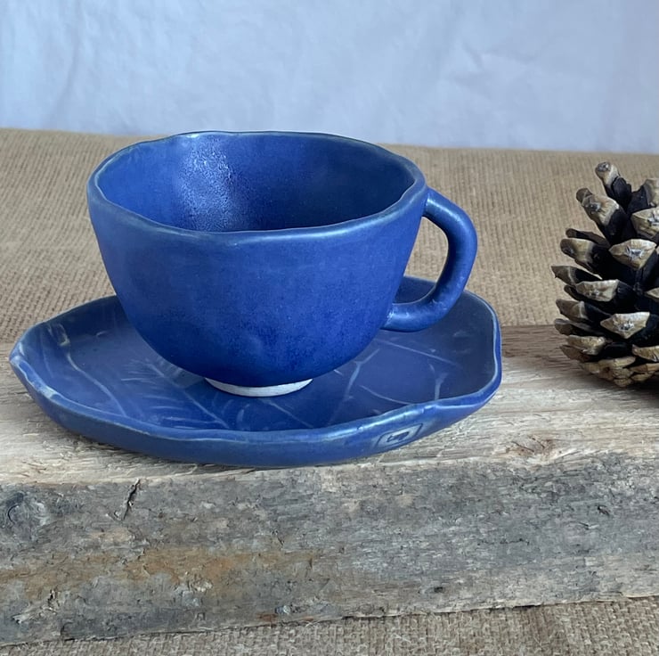 Hand made ceramic tea cup & saucer, blue te... - Folksy