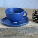 Hand made ceramic tea cup & saucer, blue tea cup, pottery teacup