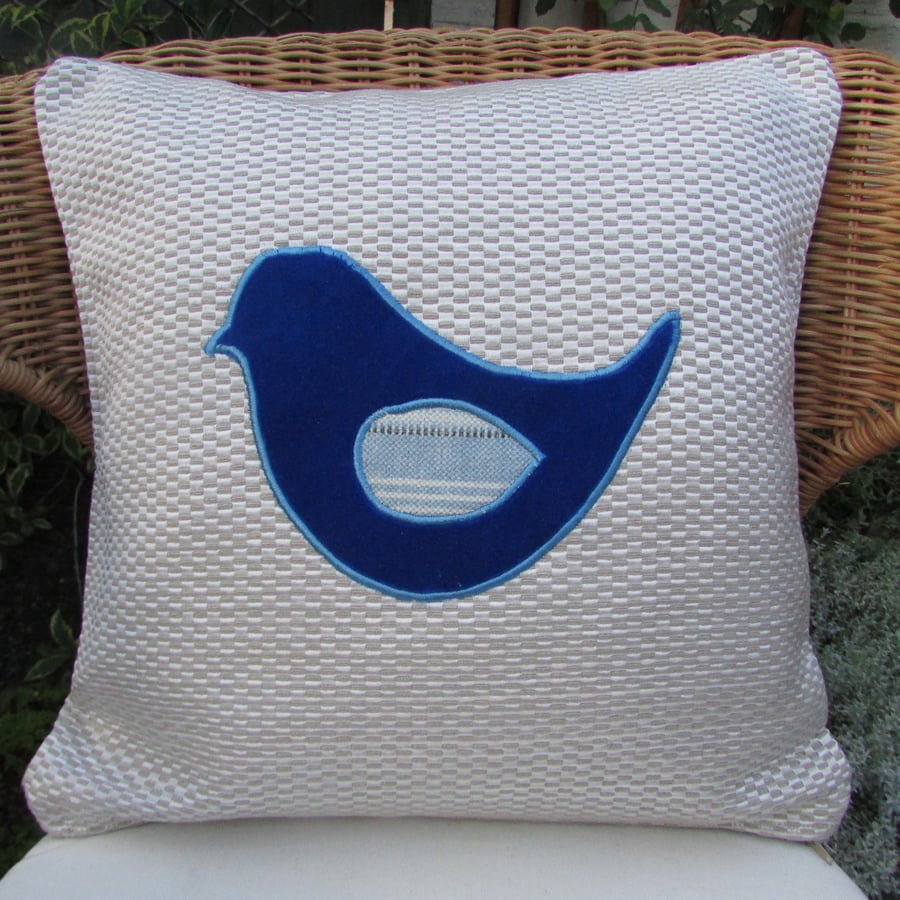SALE - Blue bird appliqued cushion