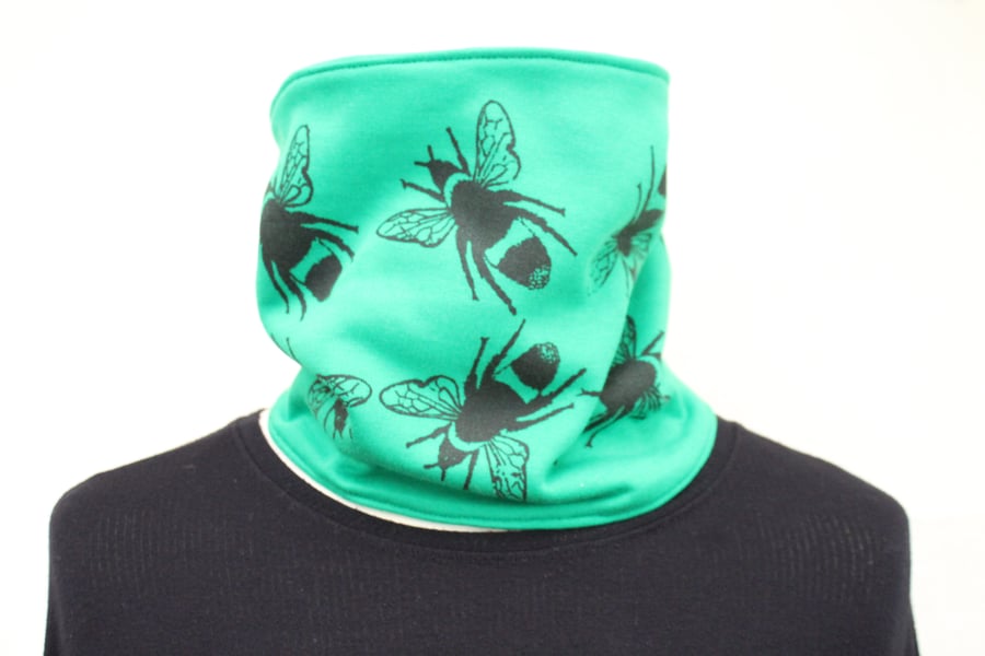 Green Neck warmer, hand printed black bee,Handmade stretch cotton Snood scarf.
