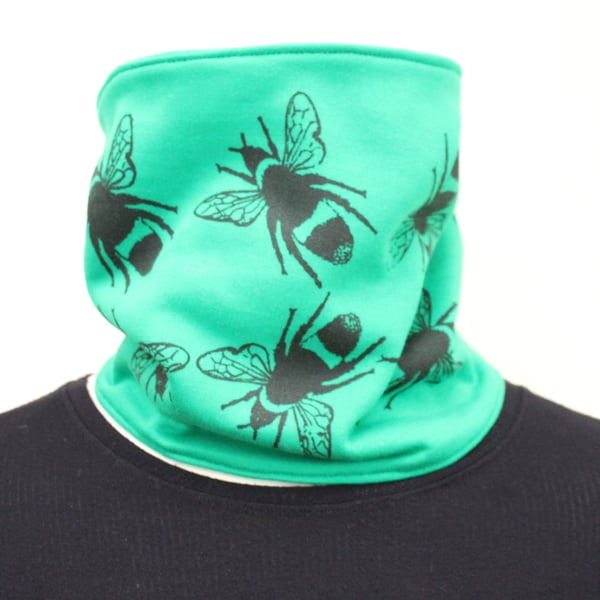Green Neck warmer, hand printed black bee,Handmade stretch cotton Snood scarf.
