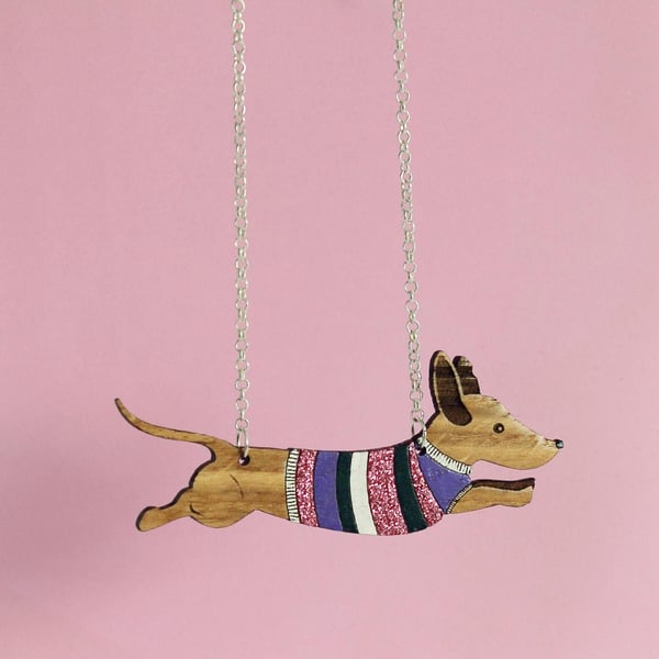 Oak Sausage Dog in Jumper Necklace - Sterling Silver Chain