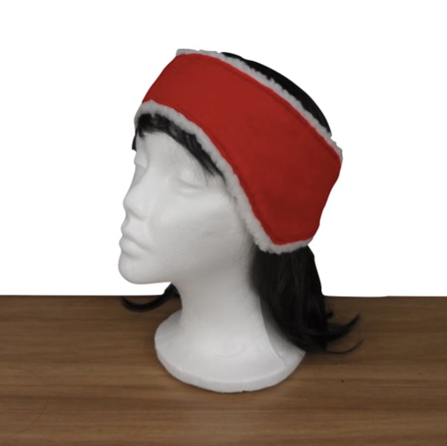 Red ear warmer, ear muff or headband, felted with sherpa fleece lining