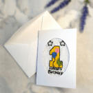 Handmade cross stitch first birthday card for baby with embroidered number one 