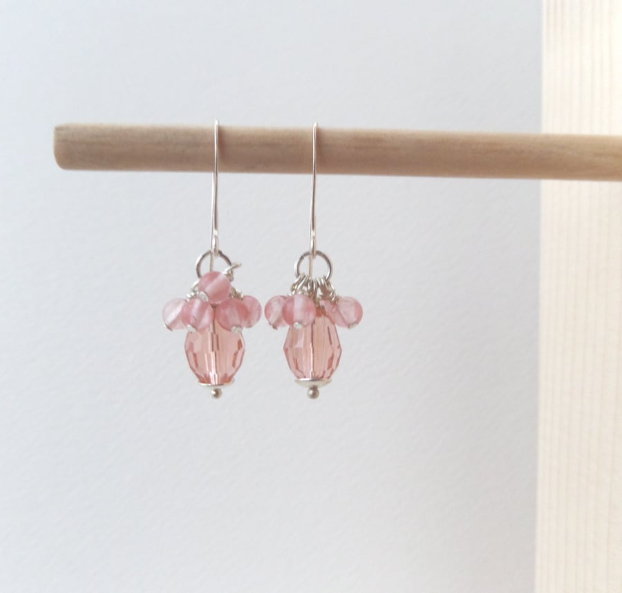 Strawberry Quartz Earrings, Peach and Pink Cluster Dangle Earrings