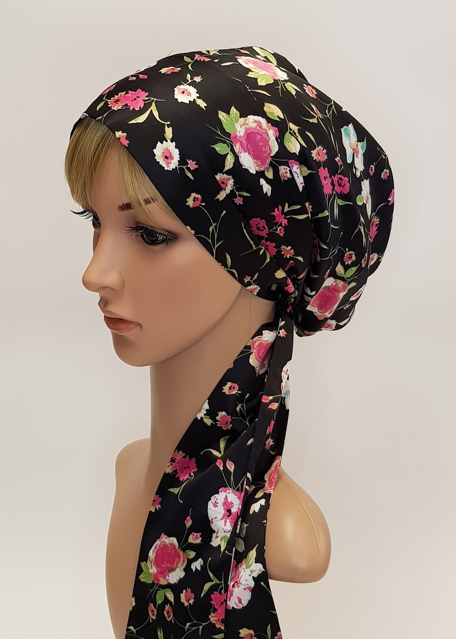 Retro style satin head scarf for women, satin lined bonnet with long ties