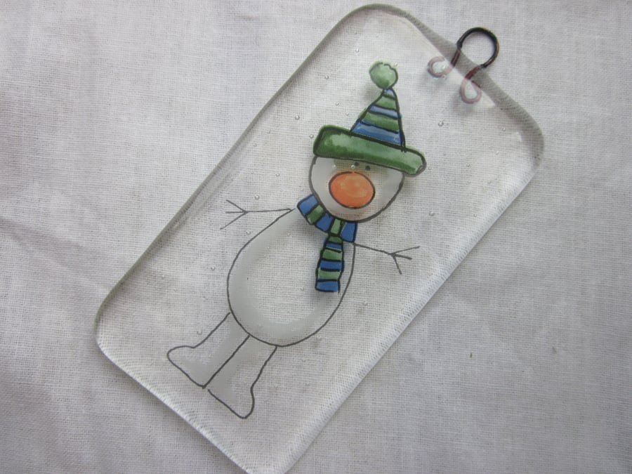  Handmade fused glass decoration or suncatcher - Snowman with blue green hat