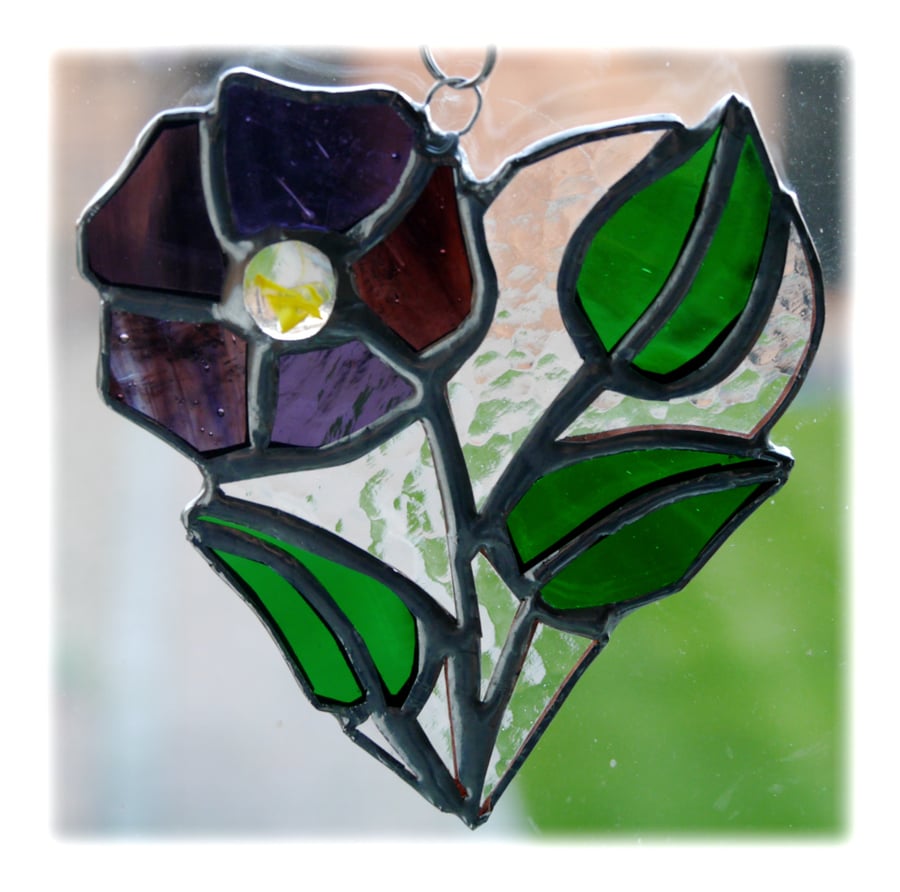 Pansy Heart Suncatcher Stained Glass Flower 014
