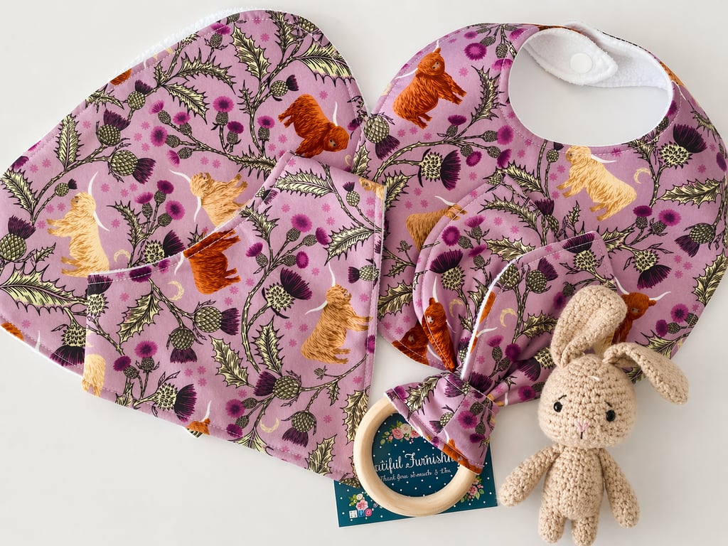 Four piece Highland Cow baby set - Baby Gift Set - Baby Shower Gift