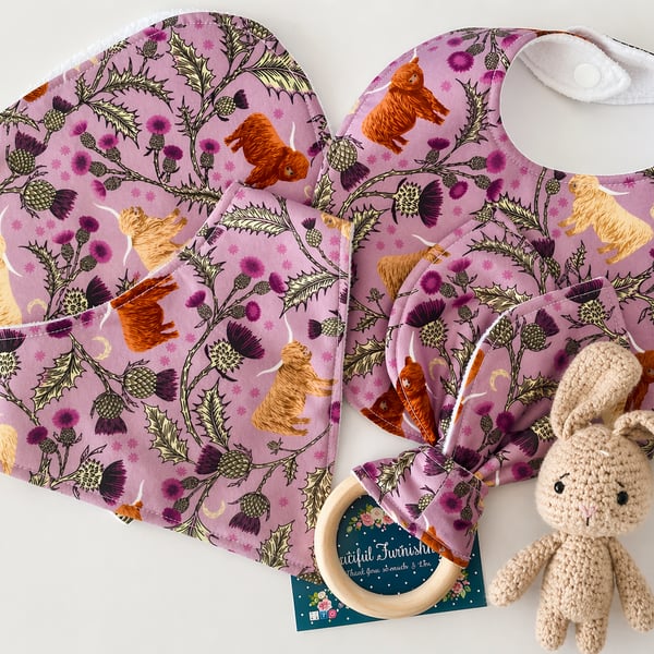 Four piece Highland Cow baby set - Baby Gift Set - Baby Shower Gift