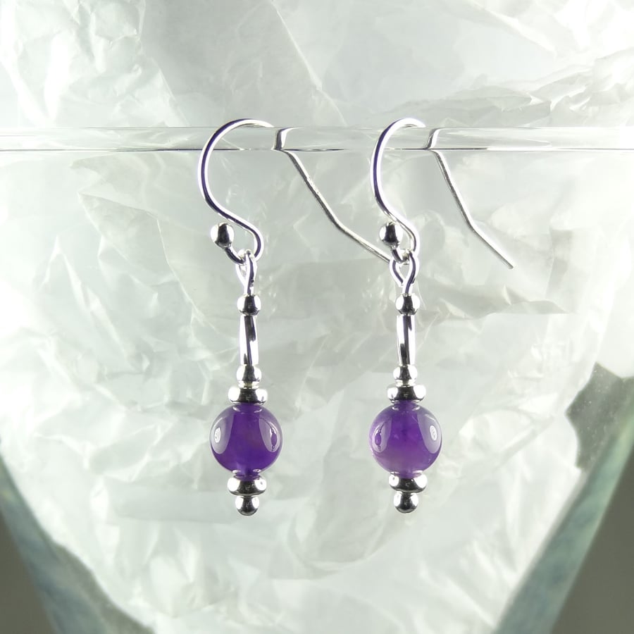Amethyst natural stone drop dangle earrings, sterling silver, 6mm purple