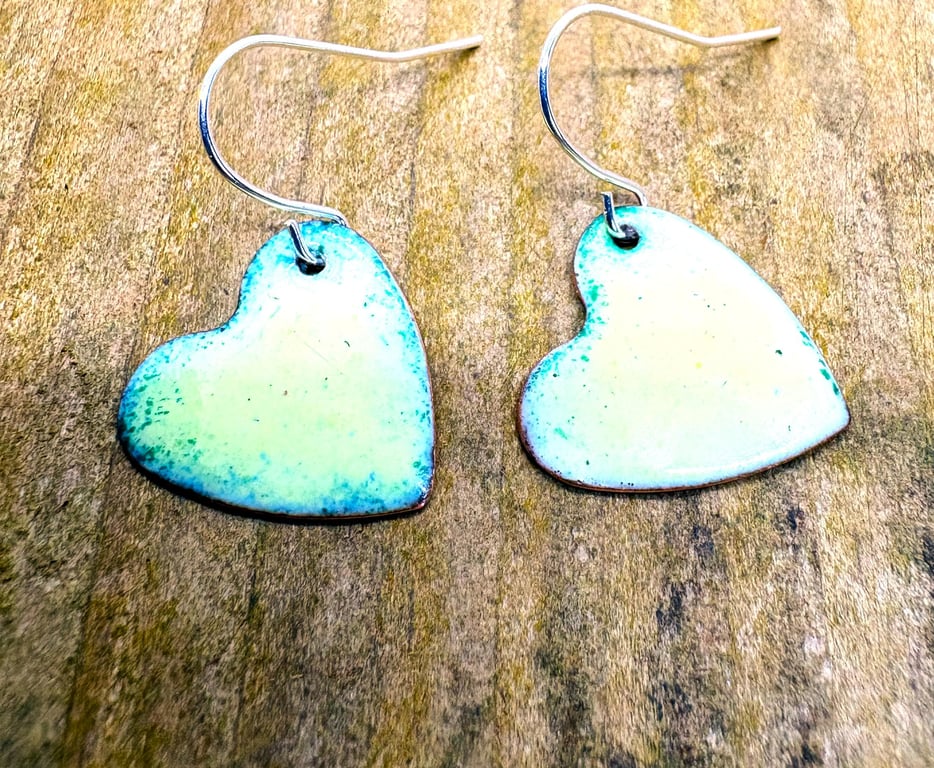 Mint green enameled copper earrings , hand made on Anglesey, North Wales.