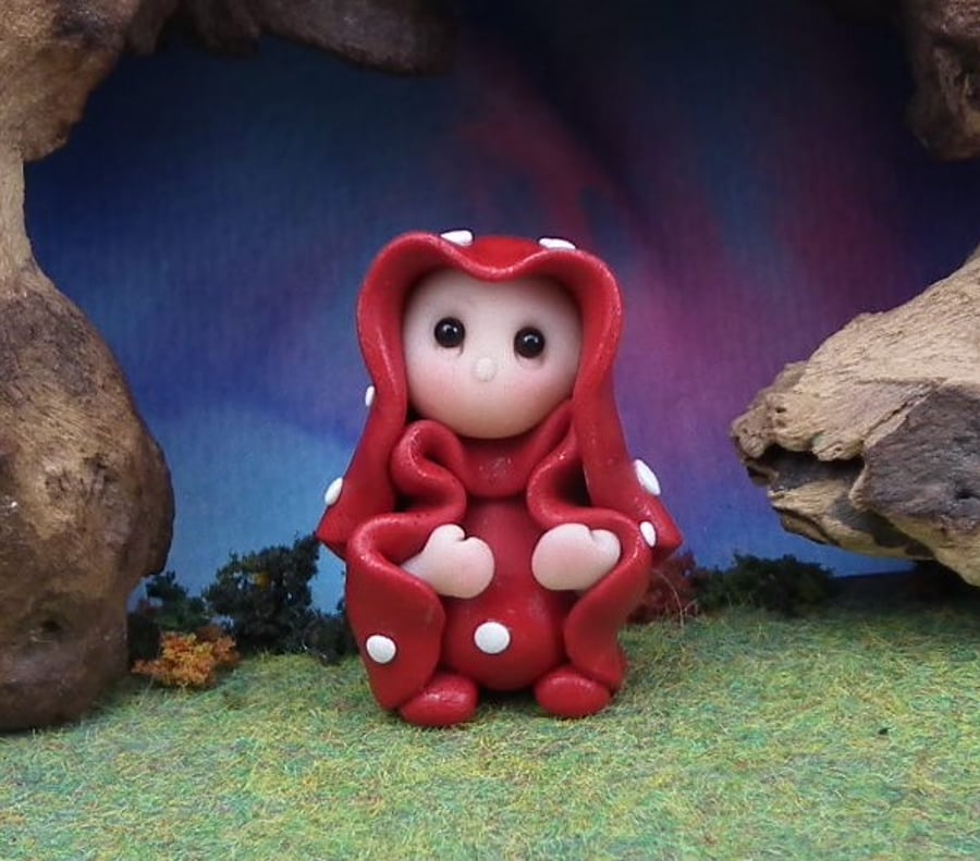 Tiny Toadstool Gnome with red robes 'Suki' OOAK Sculpt by Ann Galvin