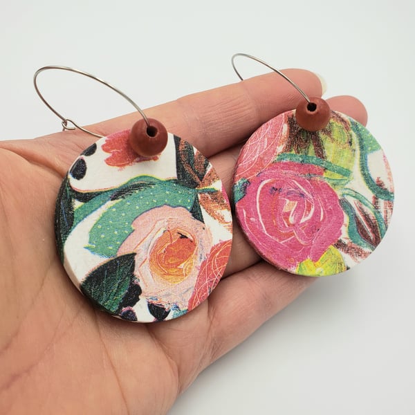 Floral patterned large dangly earrings in white, pink and green