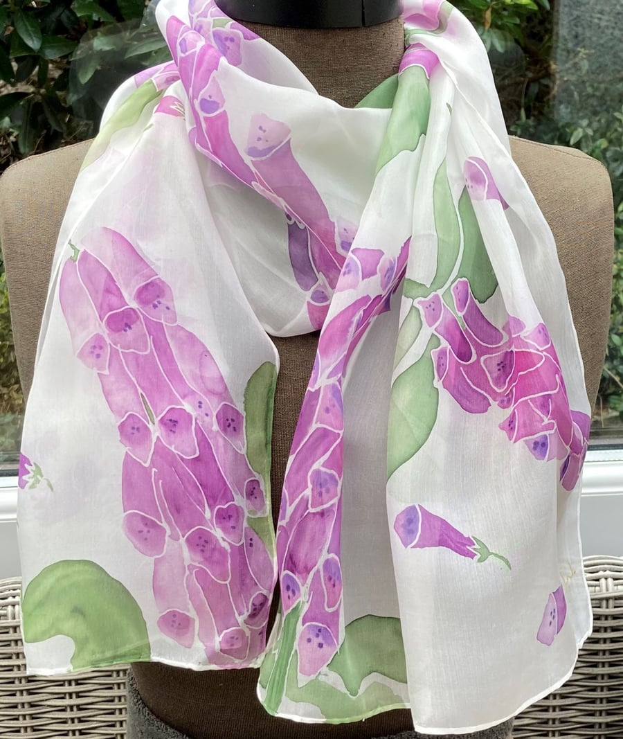Pink Foxglove hand painted silk scarf