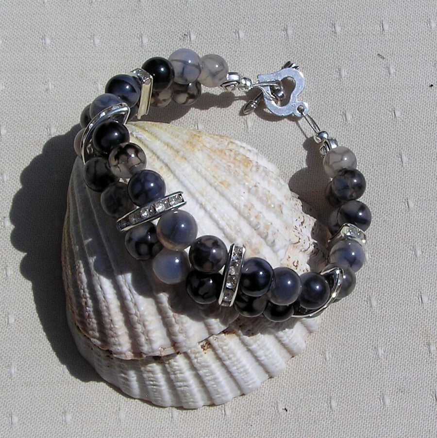 Black Veined Agate Gemstone Crystal Bracelet "Grey Mist"