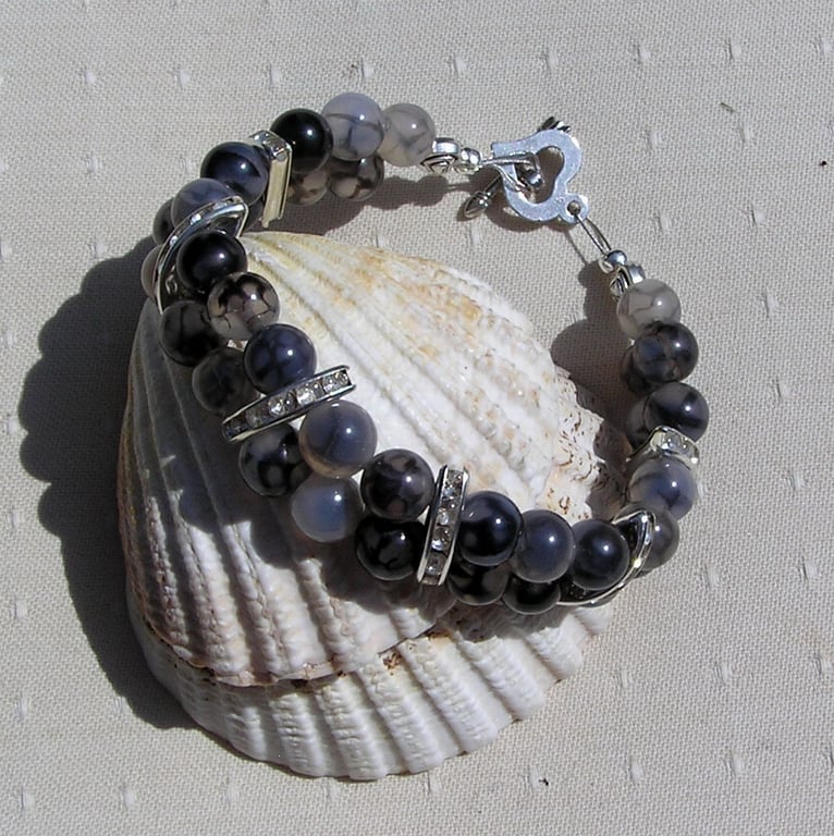 Black Veined Agate Gemstone Crystal Bracelet "Grey Mist"