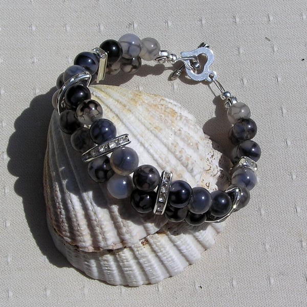 Black Veined Agate Gemstone Crystal Bracelet "Grey Mist"