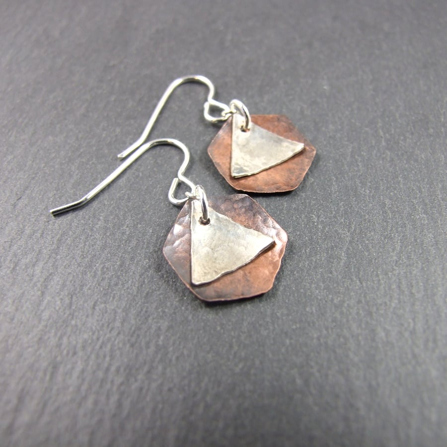 Earrings, Artisan Geometric Hexagon Copper & Sterling Silver