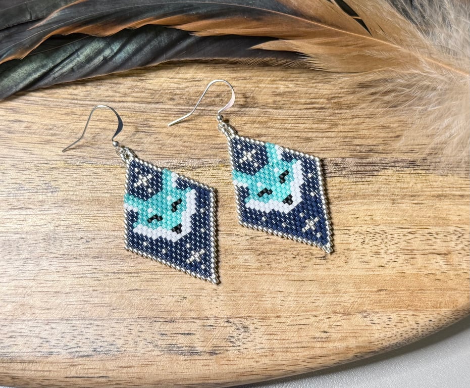 Beadwork blue fox earrings in turquoise and white tones