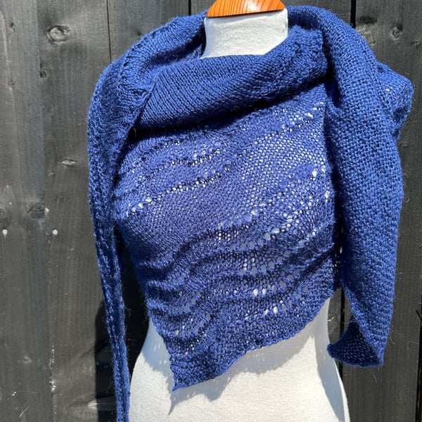 Feather Light Soft Navy Blue Merino Handknitted Lace Shawl Wrap Scarf