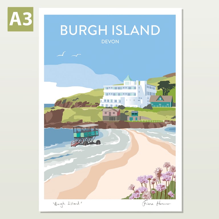 Burgh Island, Devon, retro style travel poster A3