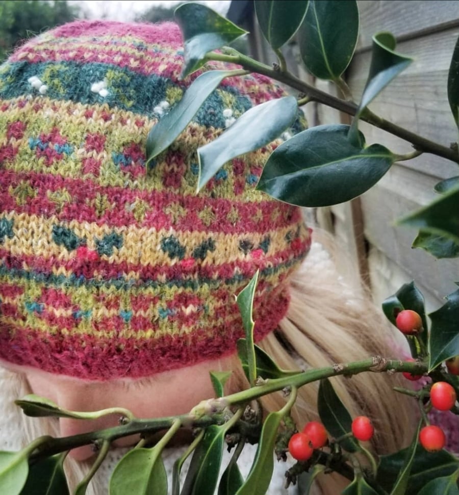 Beret Christmas Fairisle Hand Knitted Women Hat Knitting