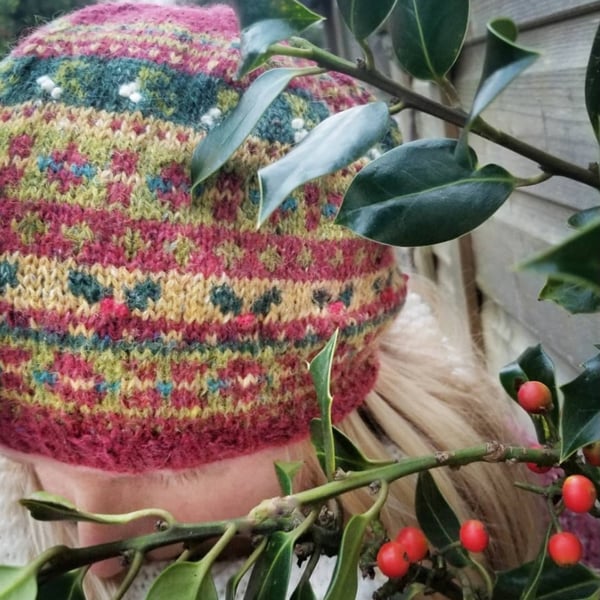 Beret Christmas Fairisle Hand Knitted Women Hat Knitting