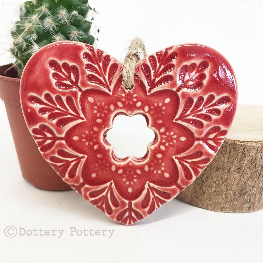 Ceramic heart hanging decoration Pottery Heart Folk art love heart Red